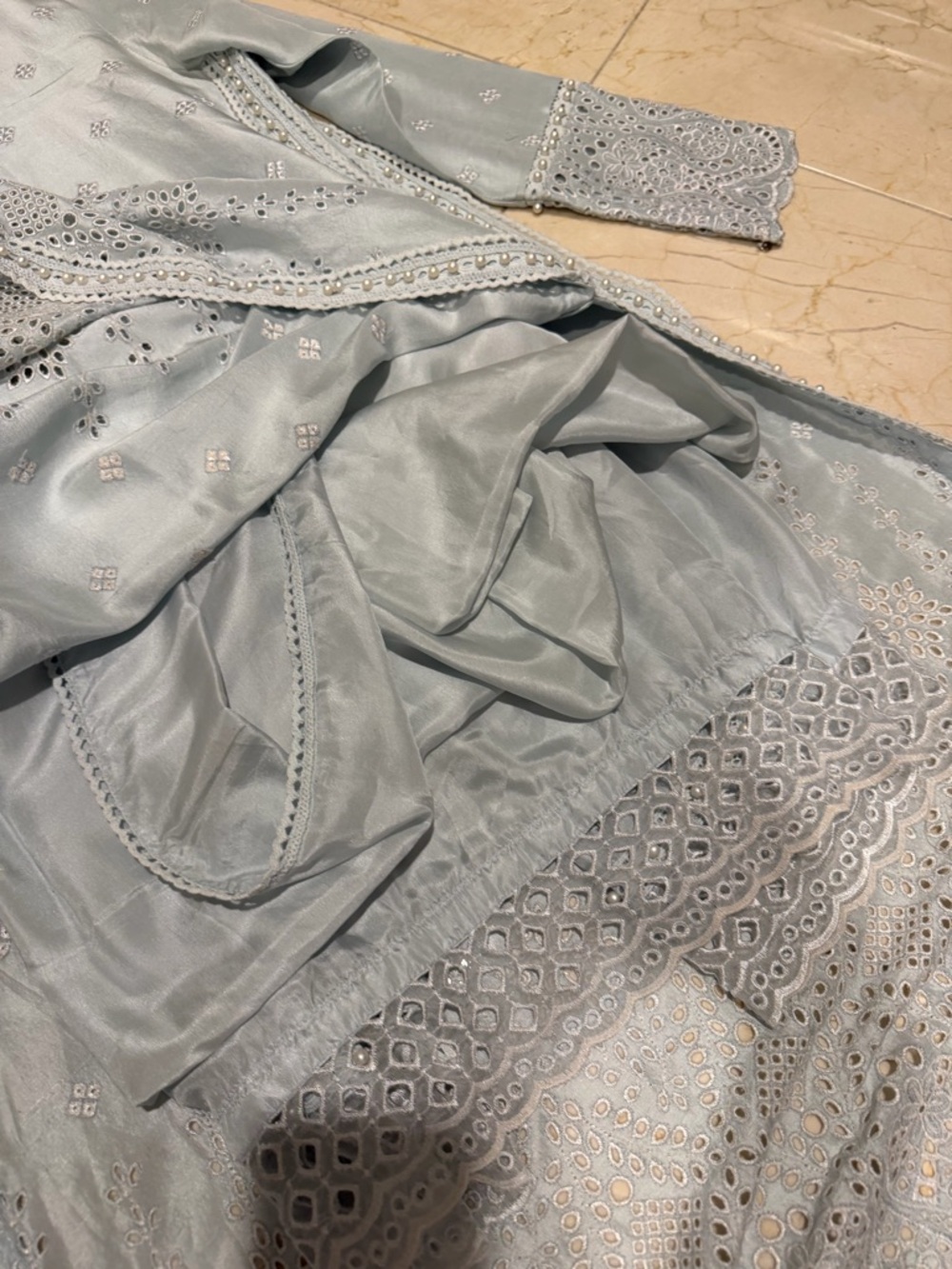 Farah Talib Aziz Daphne Shirt, Trouser and Dupatta in Ice Blue Size Medium - Picture 5 of 9